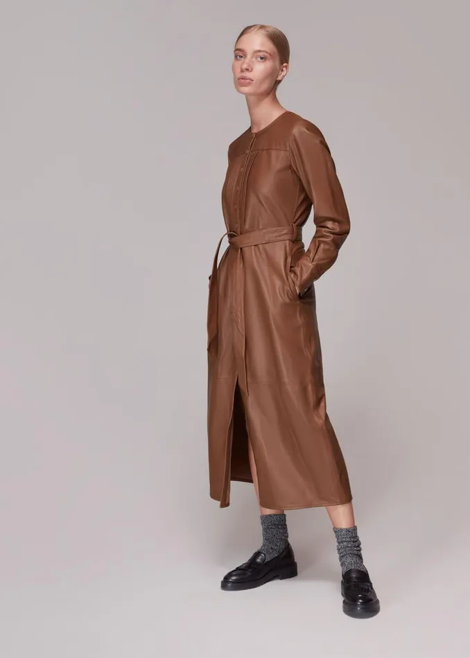 Whistles Leather Toffee Pintuck Leather Midi Dress 8211 Women