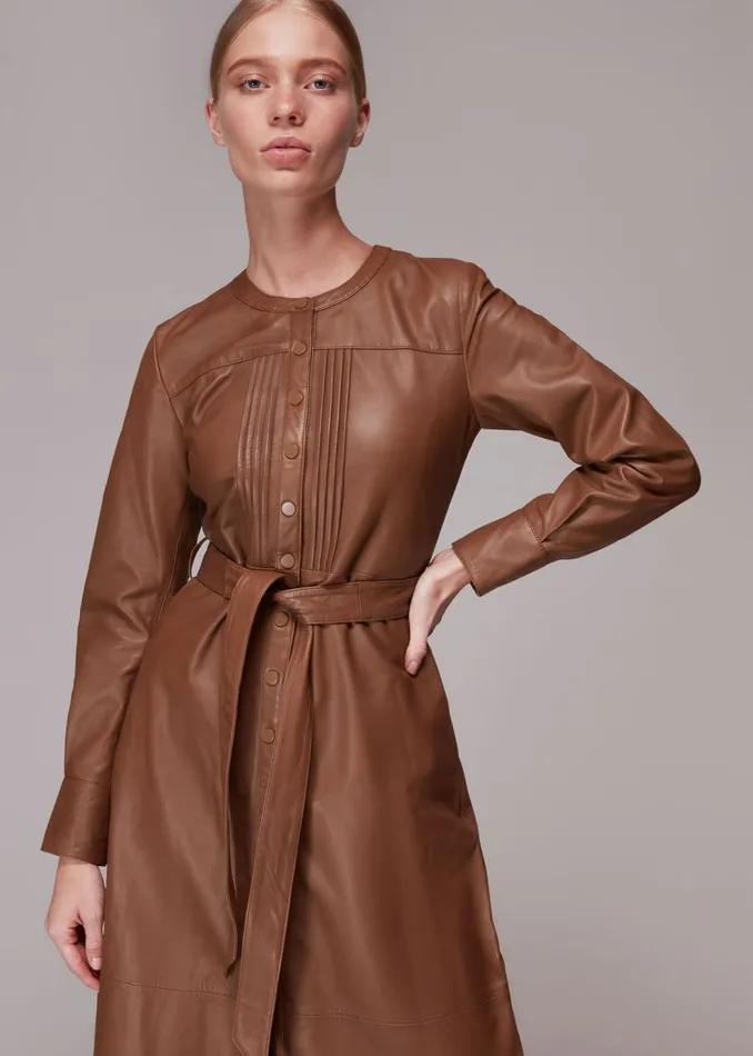 Whistles Leather Toffee Pintuck Leather Midi Dress 8211 Women