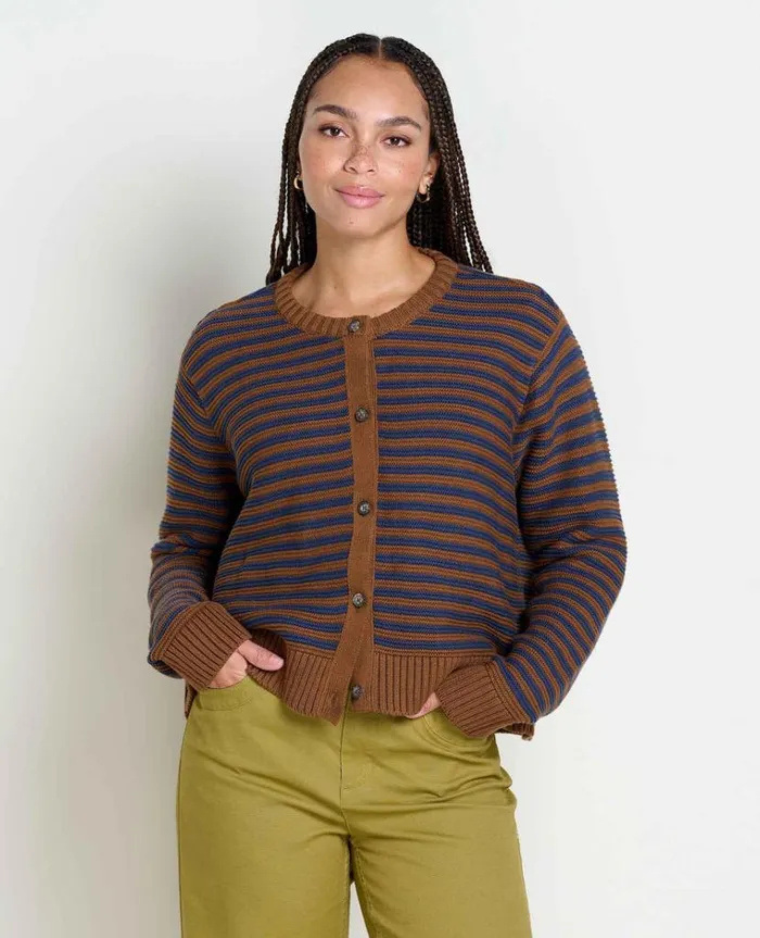 Women039s Bianca Crew Cardigan Made From Recycled Materials ToadandCo Brown Sugar Stripe Toad and Co Sweaters