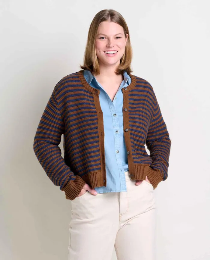 Women039s Bianca Crew Cardigan Made From Recycled Materials ToadandCo Brown Sugar Stripe Toad and Co Sweaters