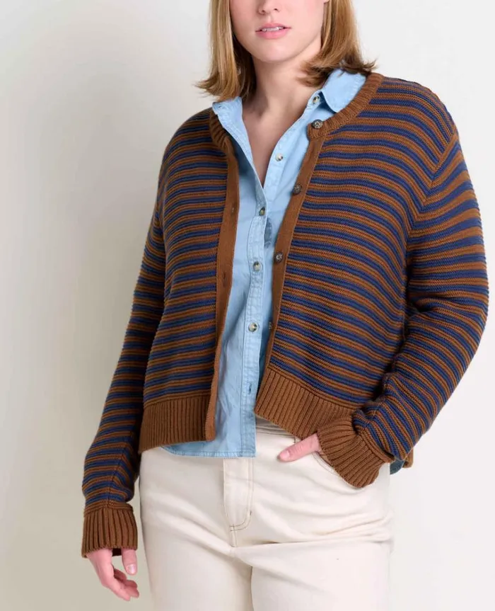 Women039s Bianca Crew Cardigan Made From Recycled Materials ToadandCo Brown Sugar Stripe Toad and Co Sweaters