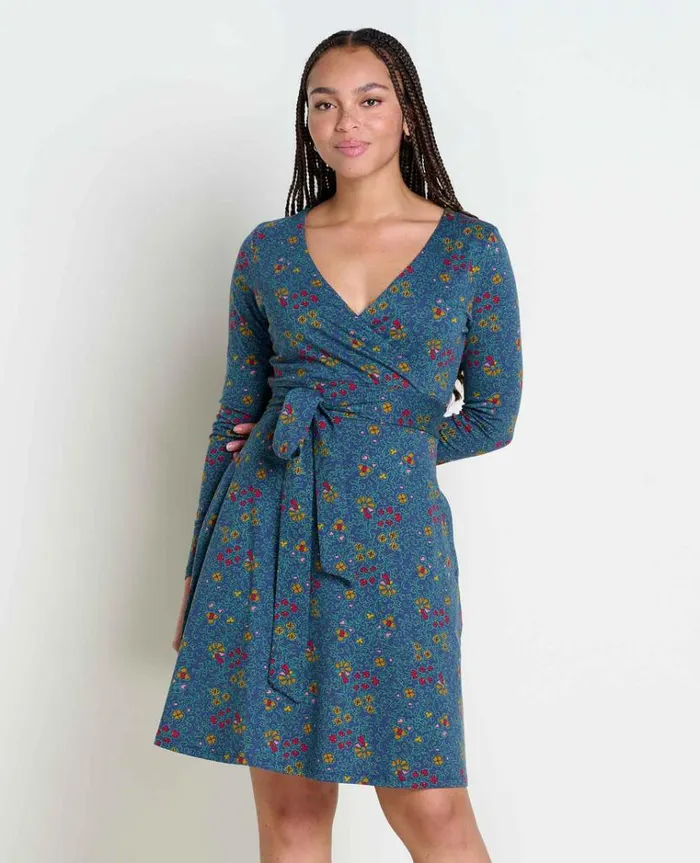 Women039s Women039s Cue Wrap Dress Organic Cotton And Tencel Dress By ToadandCo True Navy Flower Print Toad and Co Dresses Women039s Women039s Cue Wrap Dress Organic Cotton And Tencel Dress By ToadandCo True Navy Flower Print Toad and Co Dresses