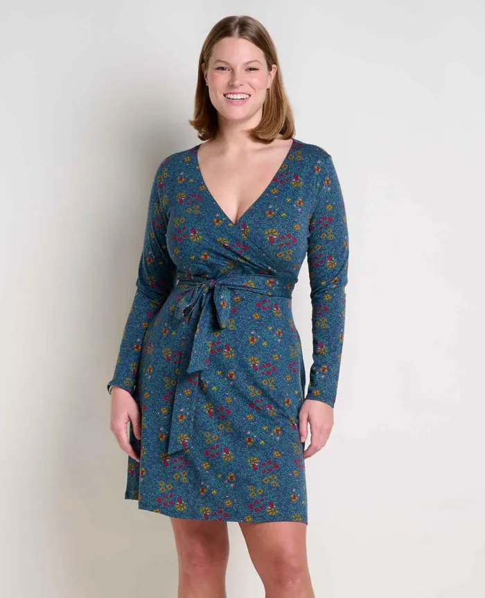 Women039s Women039s Cue Wrap Dress Organic Cotton And Tencel Dress By ToadandCo True Navy Flower Print Toad and Co Dresses