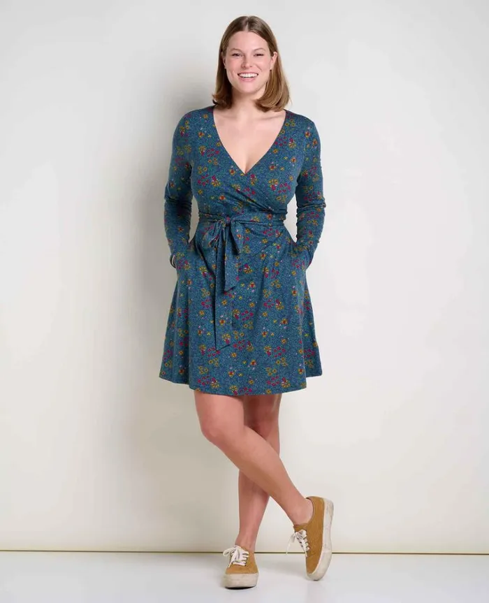 Women039s Women039s Cue Wrap Dress Organic Cotton And Tencel Dress By ToadandCo True Navy Flower Print Toad and Co Dresses