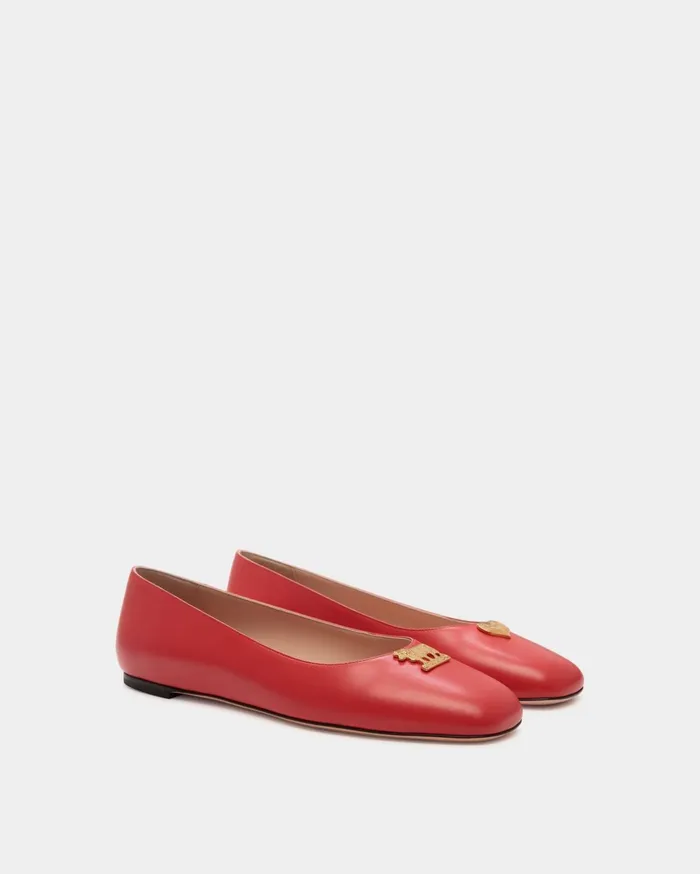 Women Ballyrina Flat In Red Leather Bally Flats and Moccasins