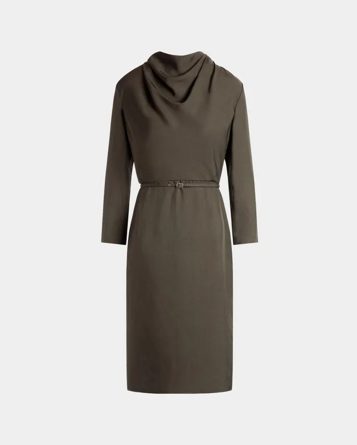 Women Belted Midi Dress In Military Green Fluid Twill Bally Dresses and Skirts