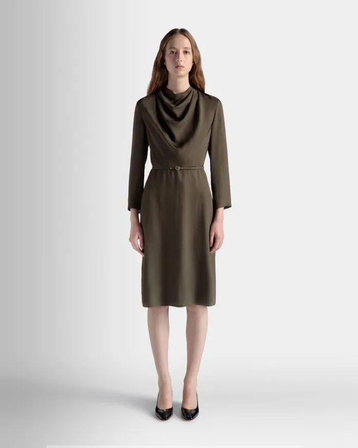 Women Belted Midi Dress In Military Green Fluid Twill Bally Dresses and Skirts