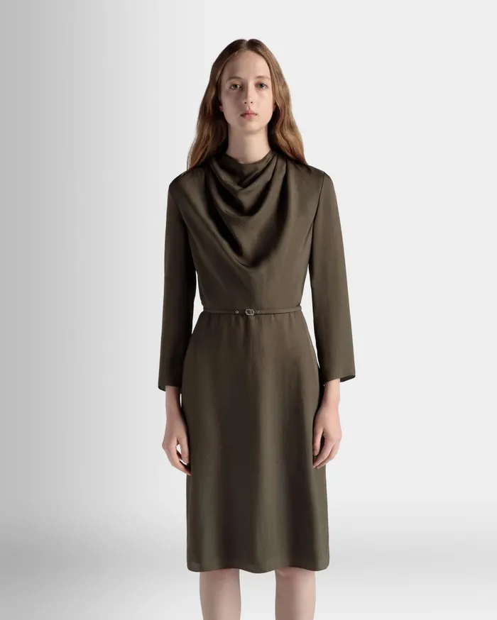 Women Belted Midi Dress In Military Green Fluid Twill Bally Dresses and Skirts