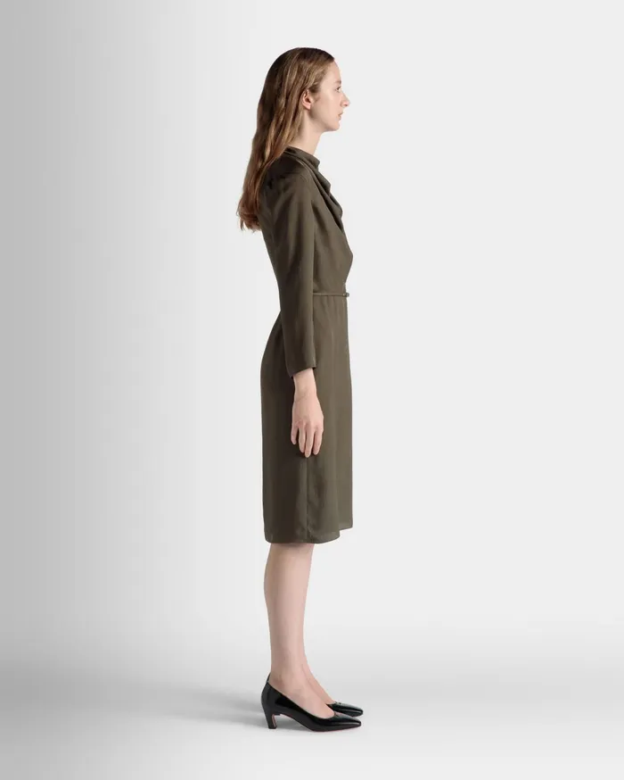 Women Belted Midi Dress In Military Green Fluid Twill Bally Dresses and Skirts