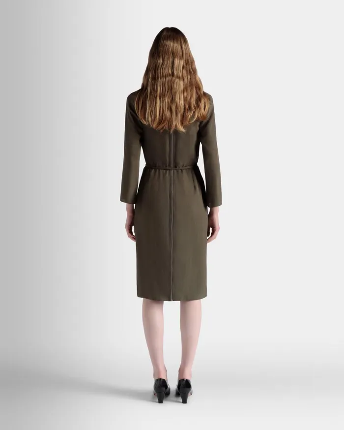 Women Belted Midi Dress In Military Green Fluid Twill Bally Dresses and Skirts