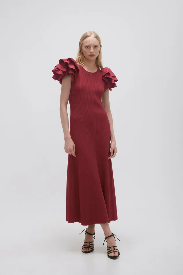 Women Body and Crepe Knit Aje Questa Puff Midi Dress Mahogany Red