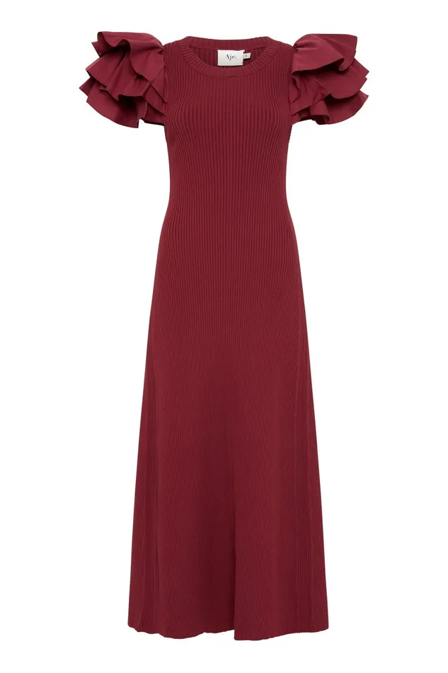 Women Body and Crepe Knit Aje Questa Puff Midi Dress Mahogany Red