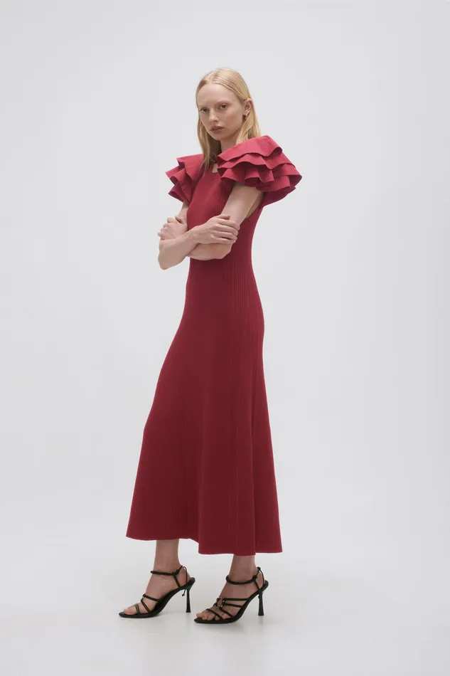 Women Body and Crepe Knit Aje Questa Puff Midi Dress Mahogany Red
