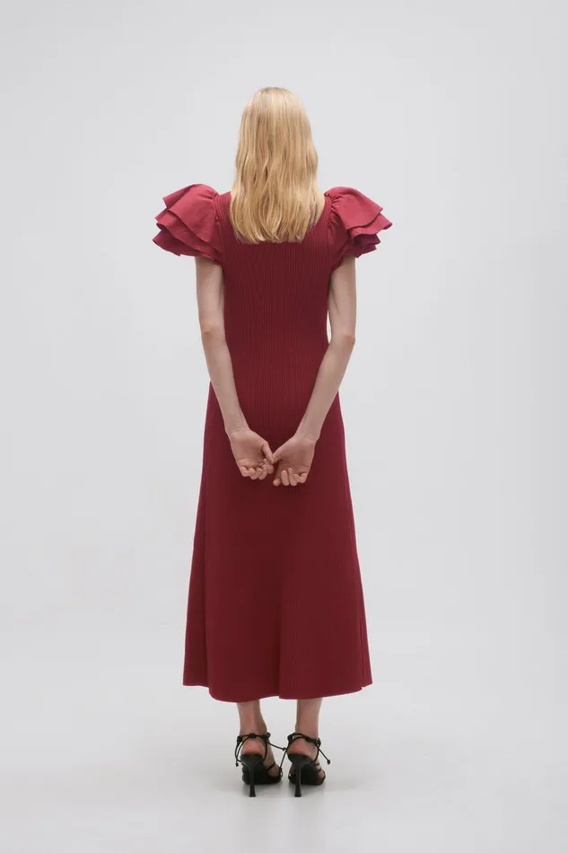 Women Body and Crepe Knit Aje Questa Puff Midi Dress Mahogany Red