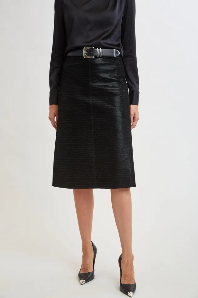 Women Bottoms Elie Tahari Croco Embossed Vegan Leather Midi Skirt Black