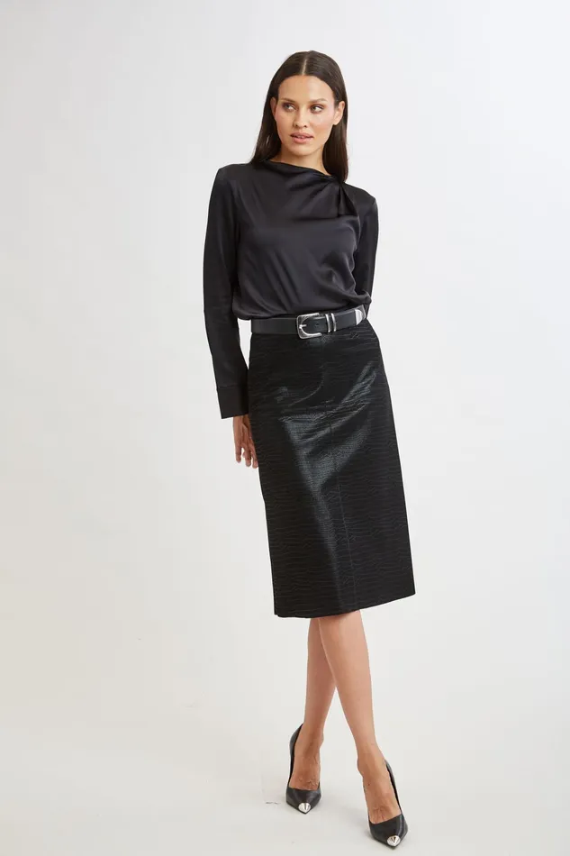 Women Bottoms Elie Tahari Croco Embossed Vegan Leather Midi Skirt Black