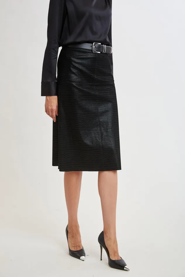Women Bottoms Elie Tahari Croco Embossed Vegan Leather Midi Skirt Black
