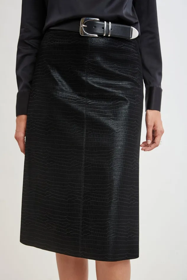 Women Bottoms Elie Tahari Croco Embossed Vegan Leather Midi Skirt Black