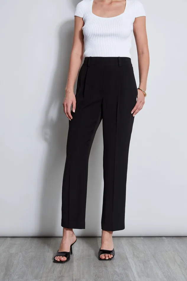 Women Bottoms Elie Tahari Pleated Straight Leg Pull On Pant Noir