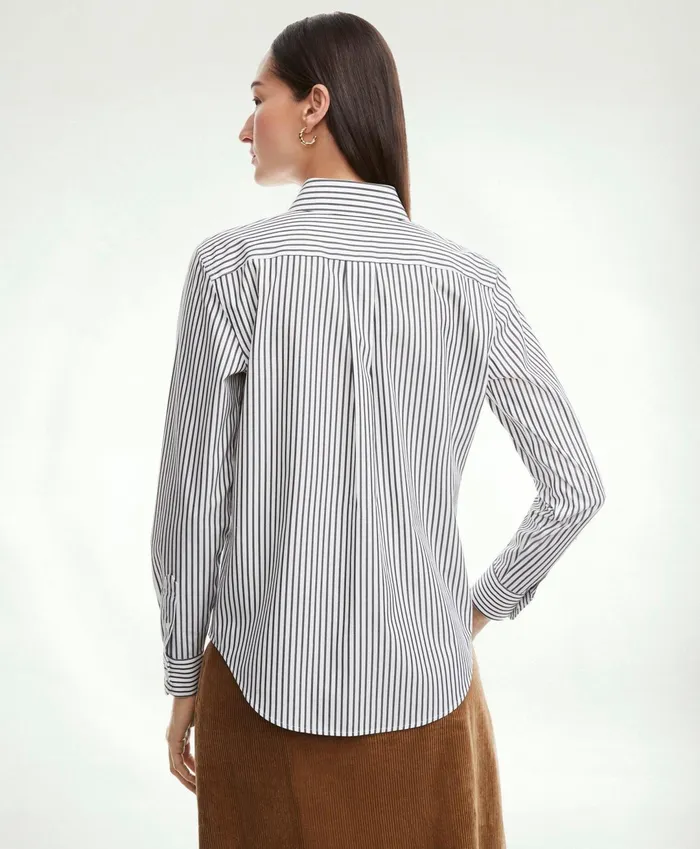 Women Classic Fit Stretch Supima Cotton NonIron Bengal Stripe Dress Shirt Black Brooks Brothers Blouses and Shirts