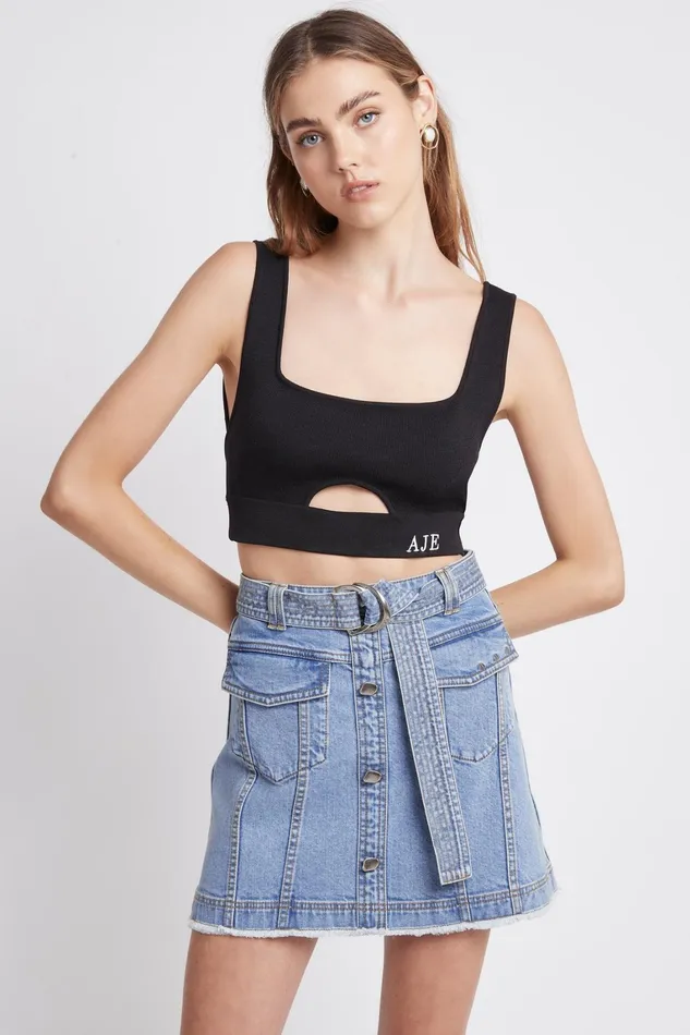 Women Denim Aje Arlow Denim Mini Skirt Classic Wash