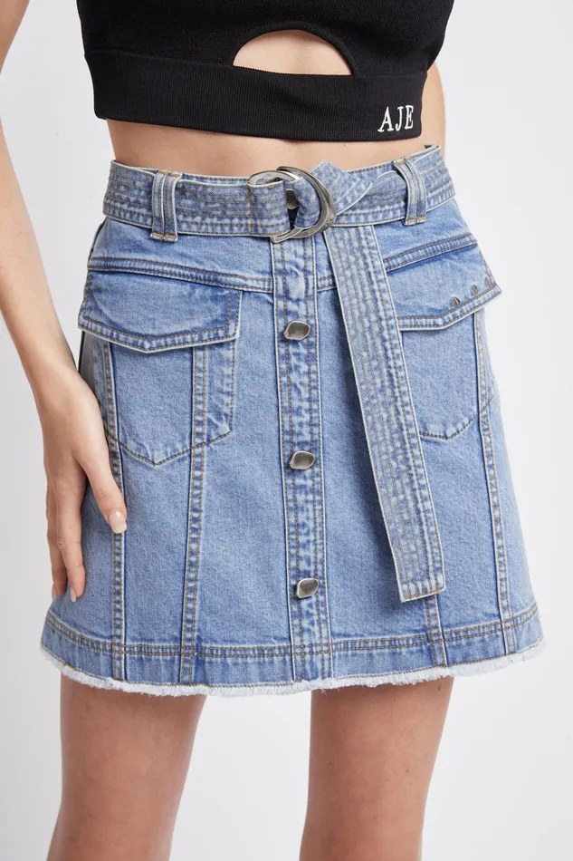 Women Denim Aje Arlow Denim Mini Skirt Classic Wash
