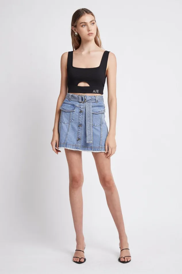 Women Denim Aje Arlow Denim Mini Skirt Classic Wash
