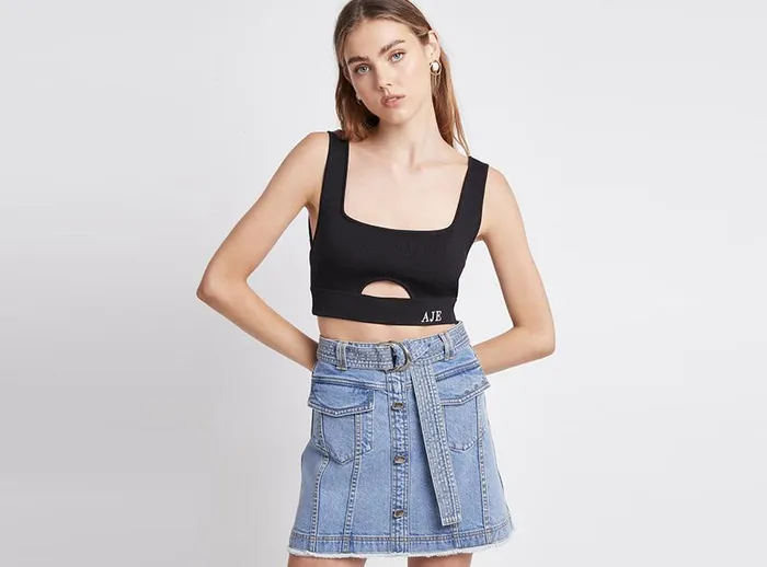 Women Denim Aje Arlow Denim Mini Skirt Classic Wash