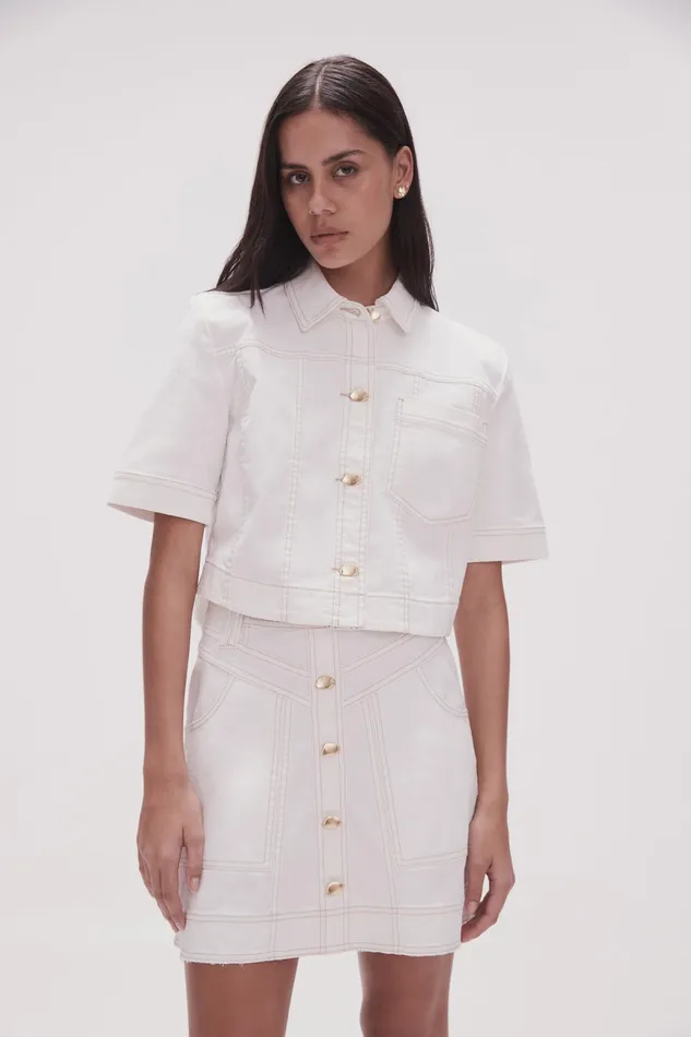 Women Denim Aje Ember Denim Crop Shirt White