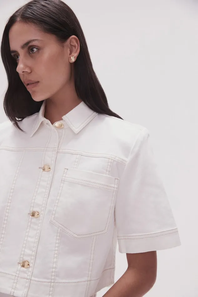 Women Denim Aje Ember Denim Crop Shirt White
