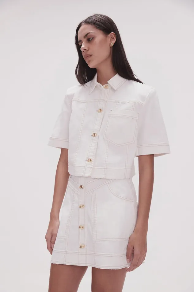 Women Denim Aje Ember Denim Crop Shirt White