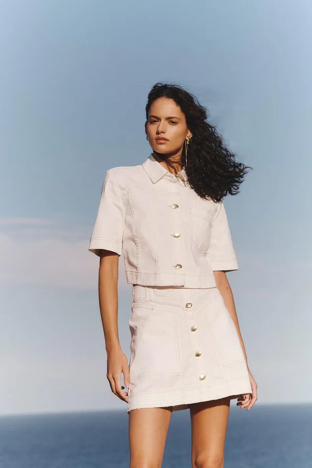 Women Denim Aje Ember Denim Crop Shirt White