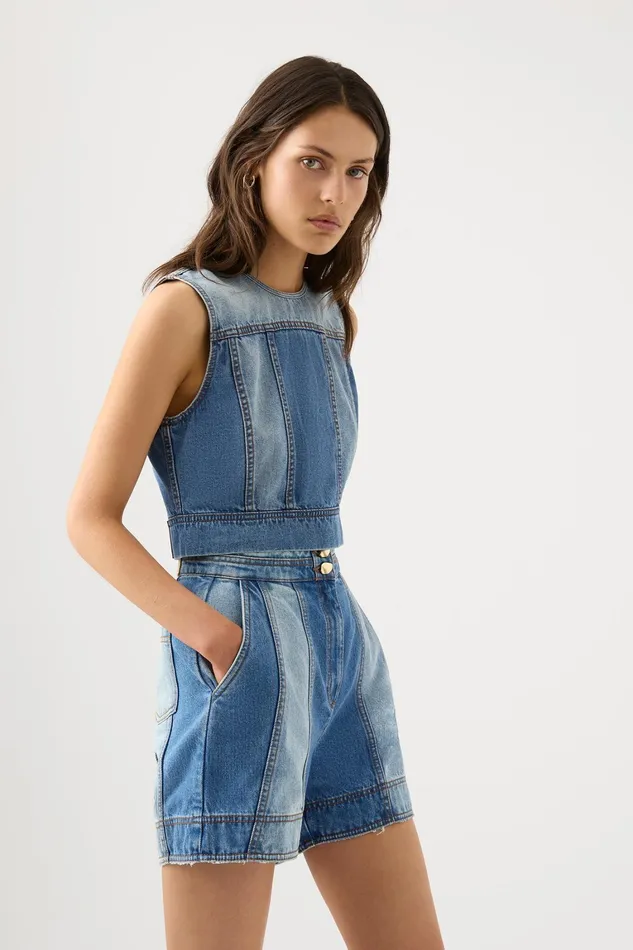 Women Denim Aje Ines Panelled Denim Shell Top Twin Tone Indigo