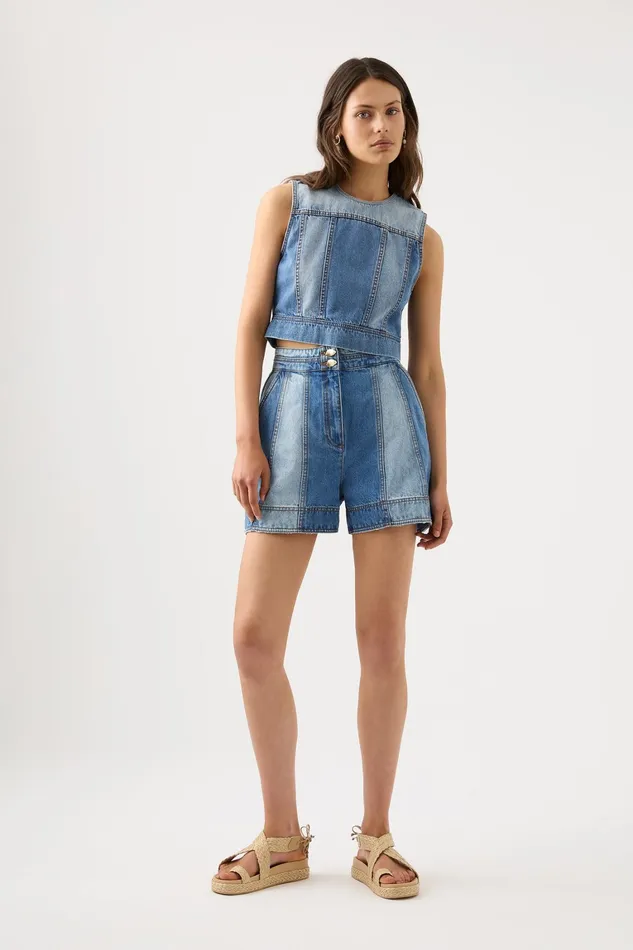 Women Denim Aje Ines Panelled Denim Shell Top Twin Tone Indigo
