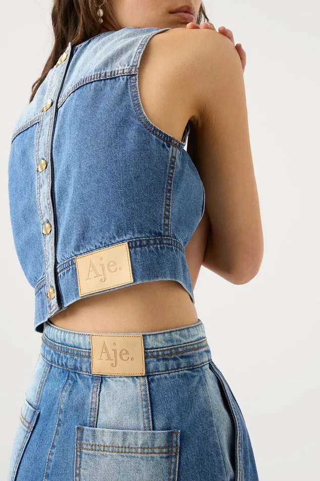 Women Denim Aje Ines Panelled Denim Shell Top Twin Tone Indigo