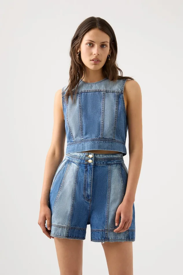Women Denim Aje Ines Panelled Denim Shell Top Twin Tone Indigo