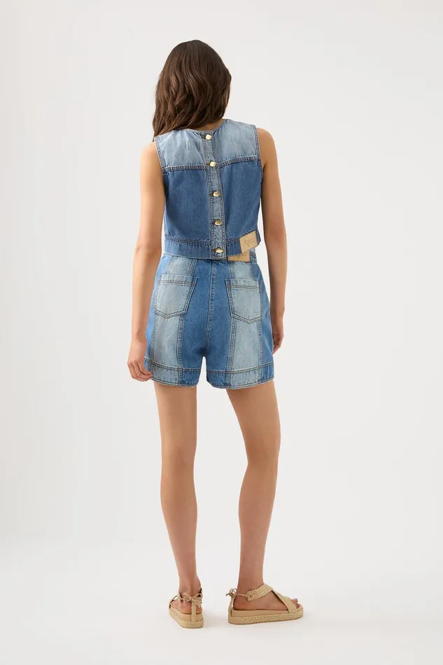Women Denim Aje Ines Panelled Denim Shell Top Twin Tone Indigo