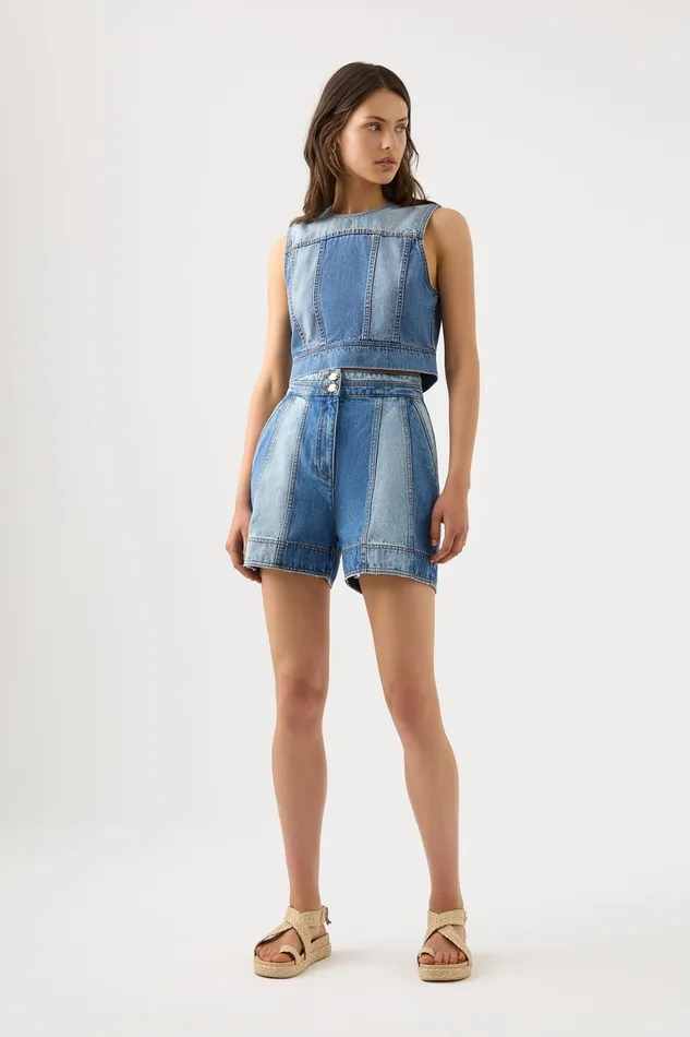 Women Denim Aje Ines Panelled Denim Shorts Twin Tone Indigo