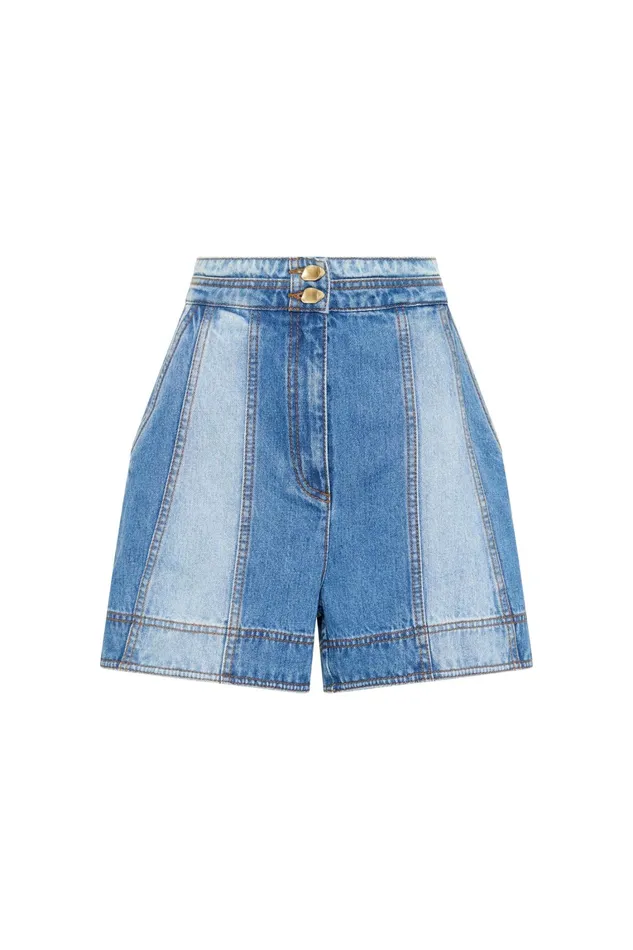 Women Denim Aje Ines Panelled Denim Shorts Twin Tone Indigo