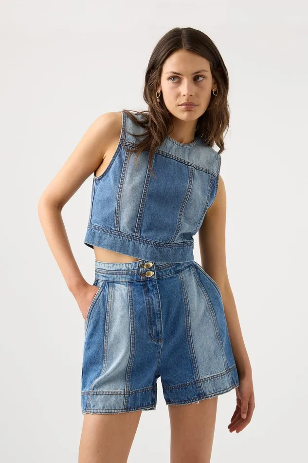 Women Denim Aje Ines Panelled Denim Shorts Twin Tone Indigo