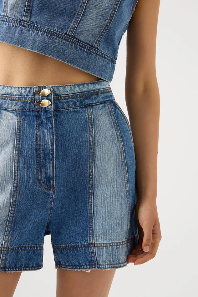 Women Denim Aje Ines Panelled Denim Shorts Twin Tone Indigo