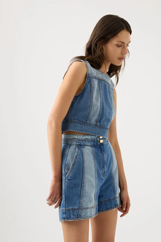 Women Denim Aje Ines Panelled Denim Shorts Twin Tone Indigo