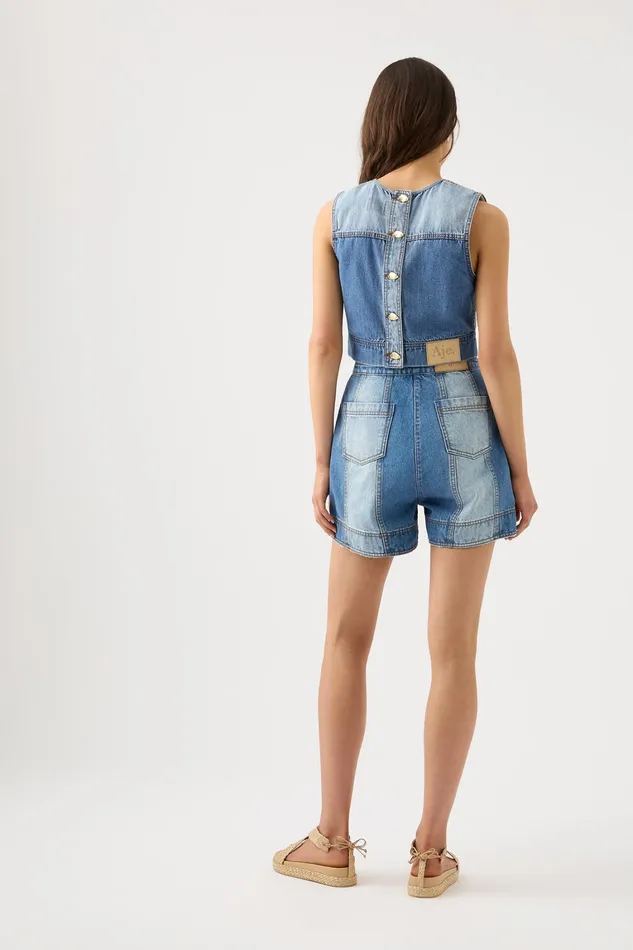 Women Denim Aje Ines Panelled Denim Shorts Twin Tone Indigo