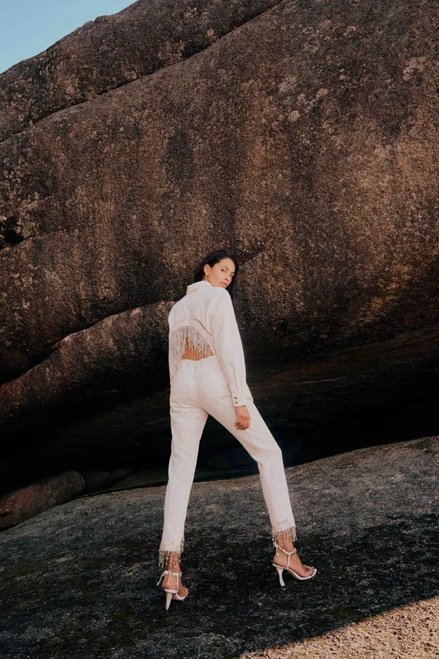 Women Denim Aje Sheen Fringe Denim Shirt White