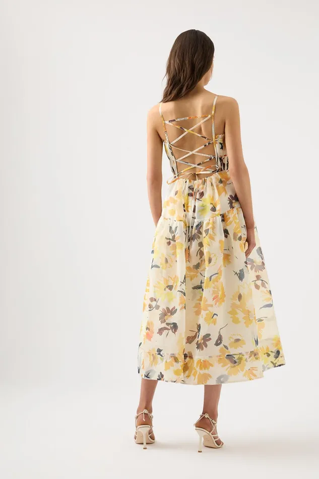 Women Dresses Aje Botanica Cross Back Midi Dress Pressed Sunflowers