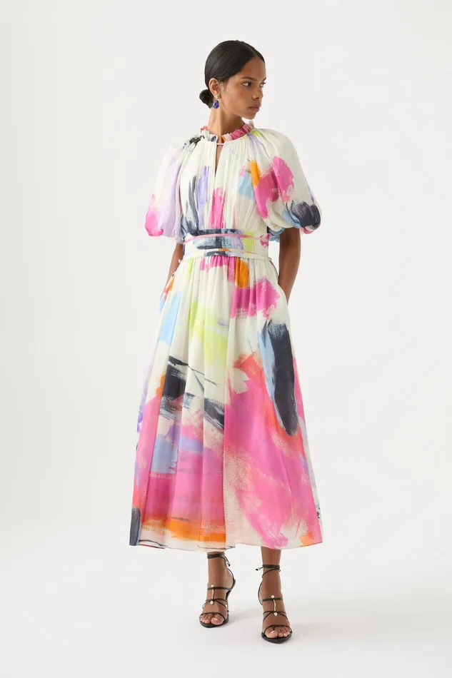 Women Dresses Aje Elysium Blouson Midi Dress Abstract Sunset