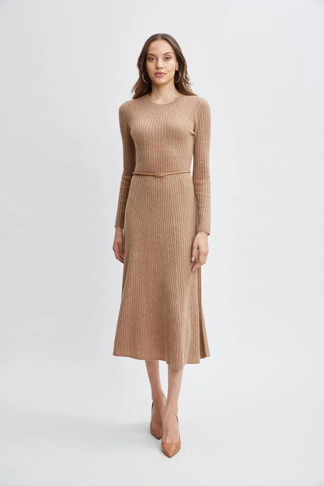 Women Dresses and Jumpsuits Elie Tahari Cashmere Long Sleeve Belted Dress Saddle