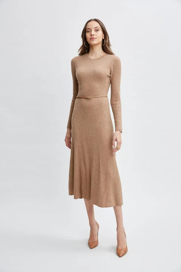 Women Dresses and Jumpsuits Elie Tahari Cashmere Long Sleeve Belted Dress Saddle