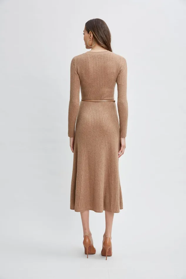 Women Dresses and Jumpsuits Elie Tahari Cashmere Long Sleeve Belted Dress Saddle