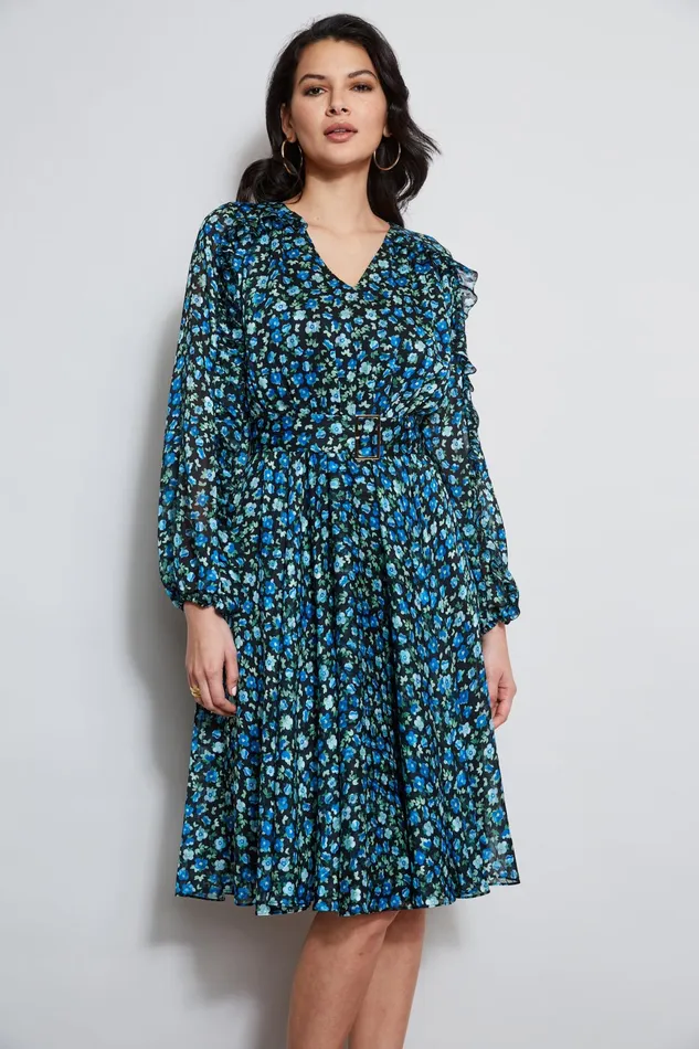 Women Dresses and Jumpsuits Elie Tahari Floral Long Sleeve Belted Dress Forget Me Not Print